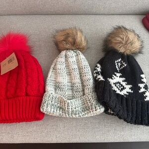 Pom Beanie Hat in Red, Ivory, and Black - Cozy Winter Knit